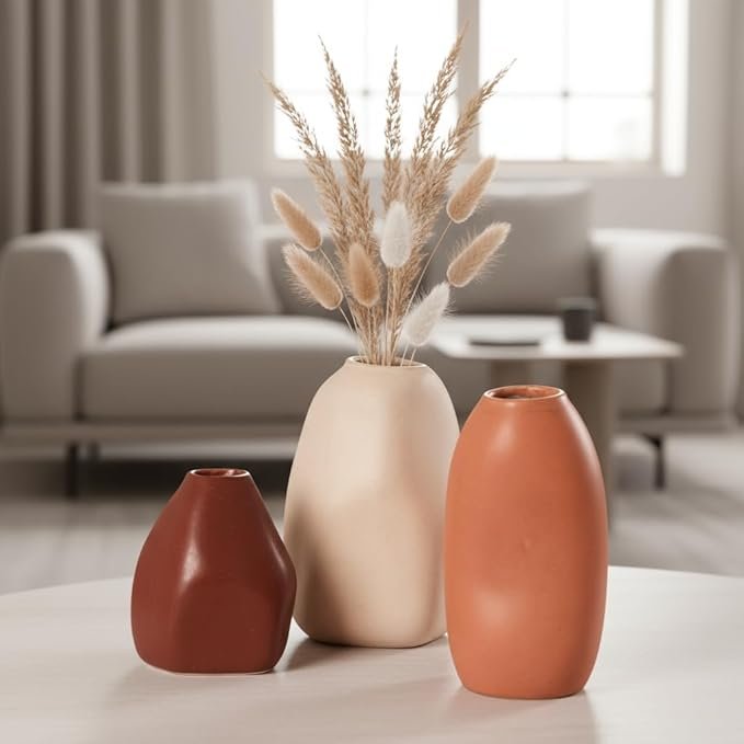 PUREZENTO Rustic Ceramic Bud Vase - Set of 3 | Centerpiece & Showpiece for Home Decor, Living Room, Bookshelf & Tabletop Styling | Decorative Vase for Pampas Grass, Dried & Artificial Flowers - Image 4