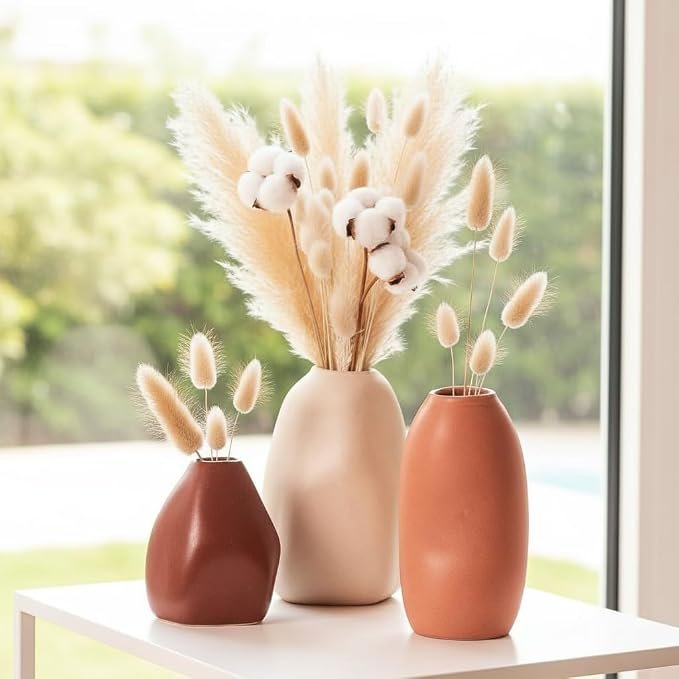 PUREZENTO Rustic Ceramic Bud Vase - Set of 3 | Centerpiece & Showpiece for Home Decor, Living Room, Bookshelf & Tabletop Styling | Decorative Vase for Pampas Grass, Dried & Artificial Flowers - Image 5