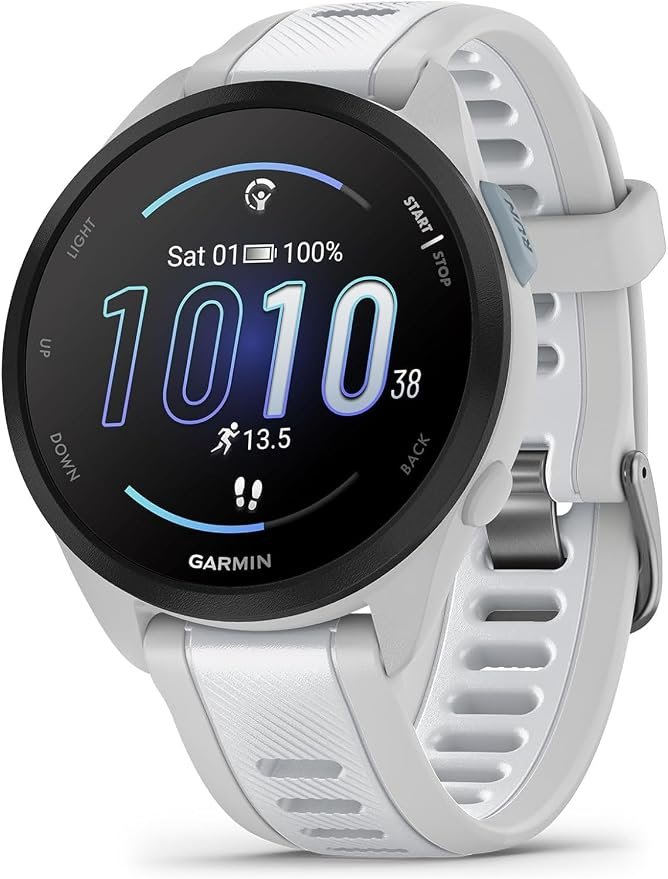 Garmin Forerunner 165, Lightweight GPS Running Watch, AMOLED Display, Accurate Tempo, Distance and Heart Rate, Customizable Workout Plans, Up to 11 Days Battery, Whitestone (Refurbished)