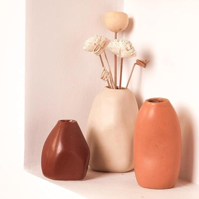 PUREZENTO Rustic Ceramic Bud Vase – Set of 3 | Centerpiece & Showpiece for Home Decor, Living Room, Bookshelf & Tabletop Styling | Decorative Vase for Pampas Grass, Dried & Artificial Flowers